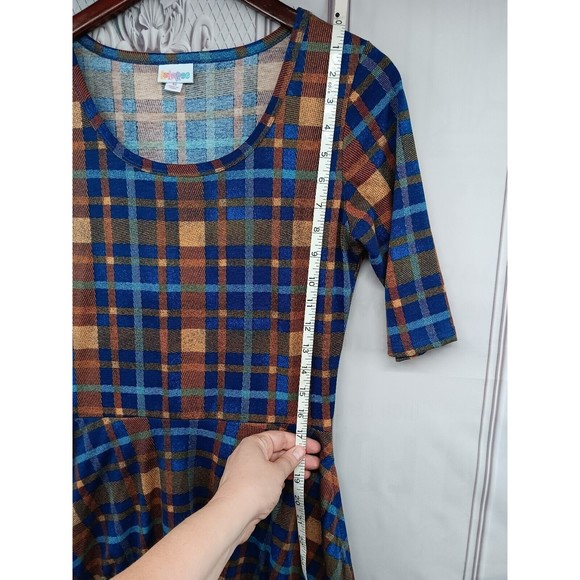 LuLaRoe Dress Women's SZ M Fit & Flare Blue/Bronze Plaid Half Sleeves Pockets EC - Picture 11 of 15